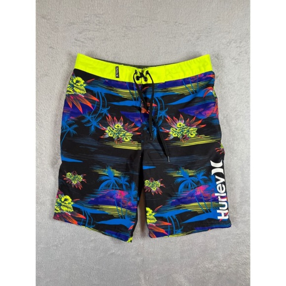 Hurley Boys Tropical Palm Board Shorts Black Neon Yellow Size 14/27